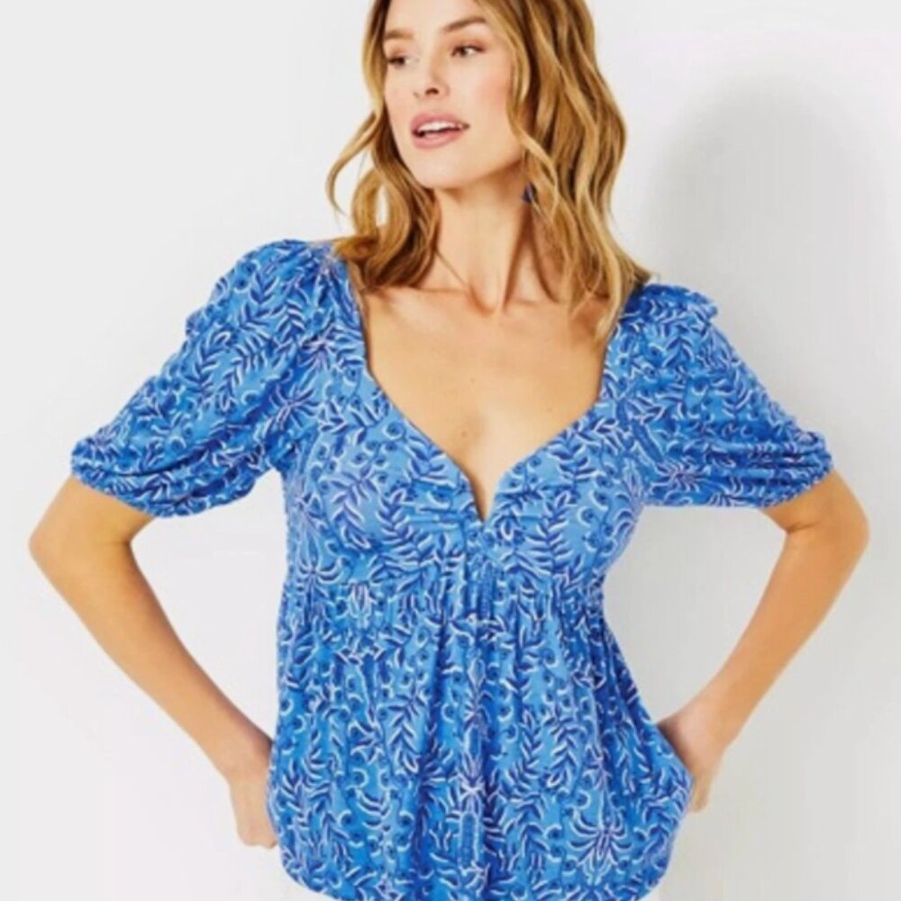 Lilly Pulitzer Floriana Short Sleeve Knit Top Abaco Blue Size XL Sweetheart Neck